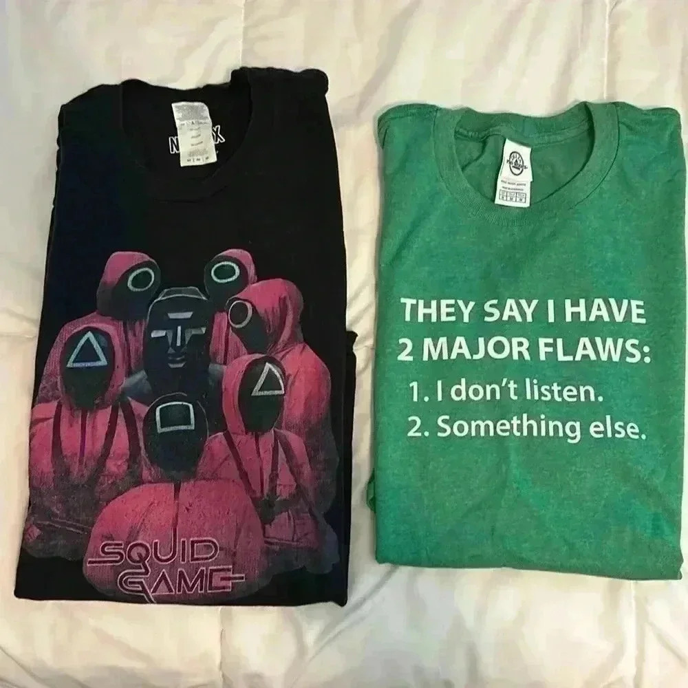 Squid Games, sz M men’s shirts, black and pink, Flaws is green & white sz M